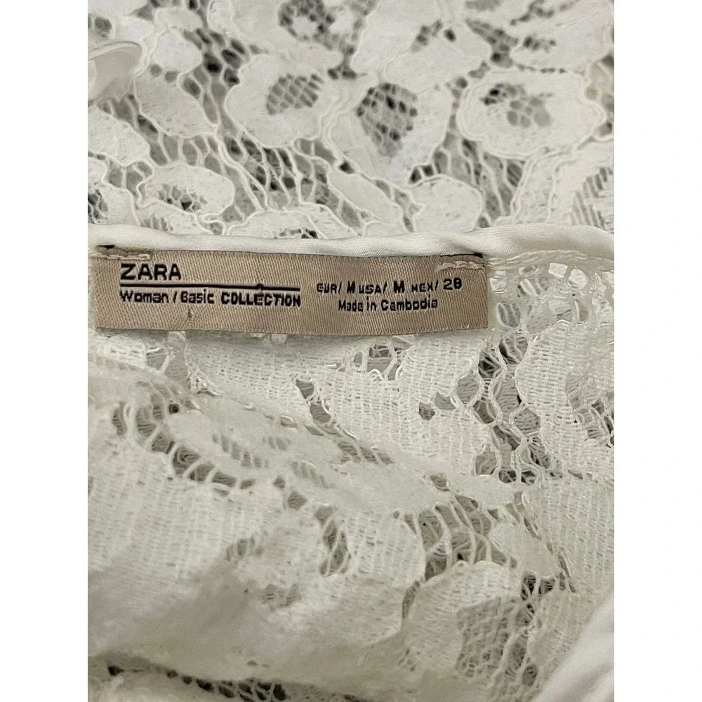 Zara Woman Basic Cream Floral Lace Cold Shoulder Puff Sleeve Ruffle Top Medium